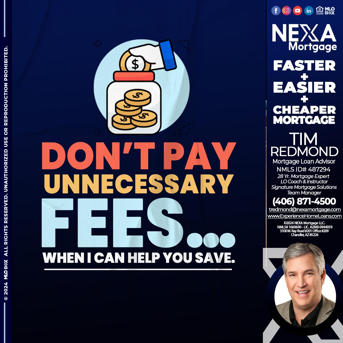 DON´T PAY - Tim Redmond -Mortgage Loan Advisor | NMLS 487294 <br /> 28yr/Mortgage Expert | LO Coach & Instructor <br /> Signature Mortgage Solutions | Team Manager” alt=”DON´T PAY – Tim Redmond -Mortgage Loan Advisor | NMLS 487294 <br /> 28yr/Mortgage Expert | LO Coach & Instructor <br /> Signature Mortgage Solutions | Team Manager” />Hi, my name is Tim Redmond. I’m a Loan Officer with NEXA Mortgage LLC., offering personalized mortgage solutions, fast customized quotes, great rates and service with integrity.</p>
<div class=