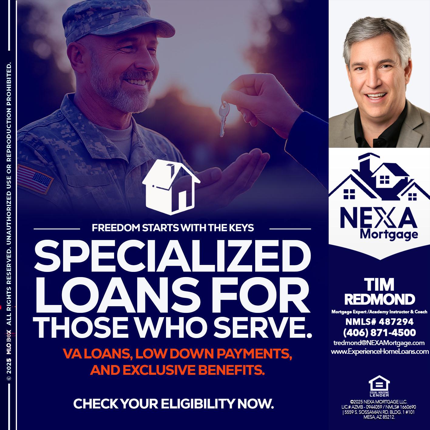 SPECIALIZED LOANS - Tim Redmond -Mortgage Loan Advisor | NMLS 487294 <br /> 30yr/Mortgage Expert | LO Coach <br /> Branch Manager | Signature Mortgage Solutions” alt=”SPECIALIZED LOANS – Tim Redmond -Mortgage Loan Advisor | NMLS 487294 <br /> 30yr/Mortgage Expert | LO Coach <br /> Branch Manager | Signature Mortgage Solutions” />Hi, my name is Tim Redmond. I’m a Loan Officer with NEXA Mortgage LLC., offering personalized mortgage solutions, fast customized quotes, great rates and service with integrity.</p>
<div class=