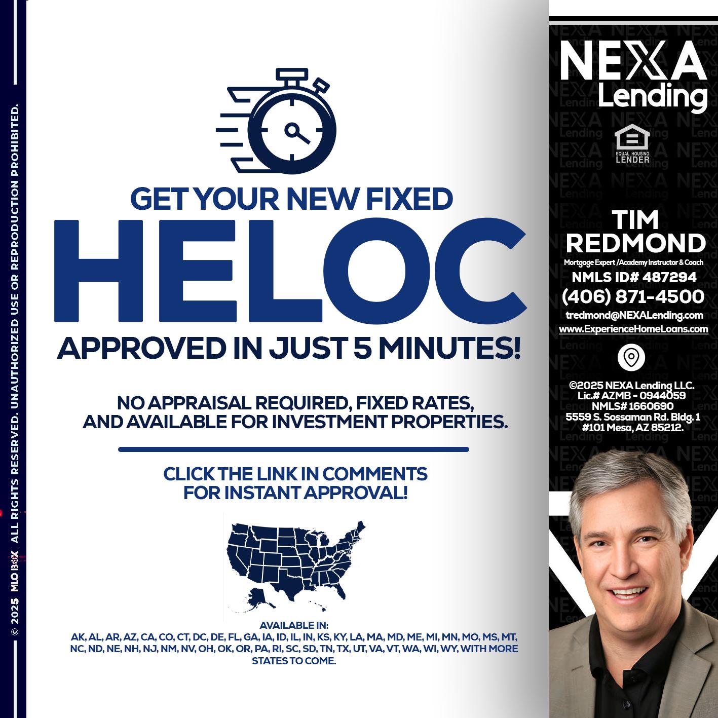 HELOC - Tim Redmond -Mortgage Loan Advisor | NMLS 487294 <br /> 30yr/Mortgage Expert | LO Coach <br /> Branch Manager | Signature Mortgage Solutions” alt=”HELOC – Tim Redmond -Mortgage Loan Advisor | NMLS 487294 <br /> 30yr/Mortgage Expert | LO Coach <br /> Branch Manager | Signature Mortgage Solutions” />Hi, my name is Tim Redmond. I’m a Loan Officer with NEXA Mortgage LLC., offering personalized mortgage solutions, fast customized quotes, great rates and service with integrity.</p>
<div class=