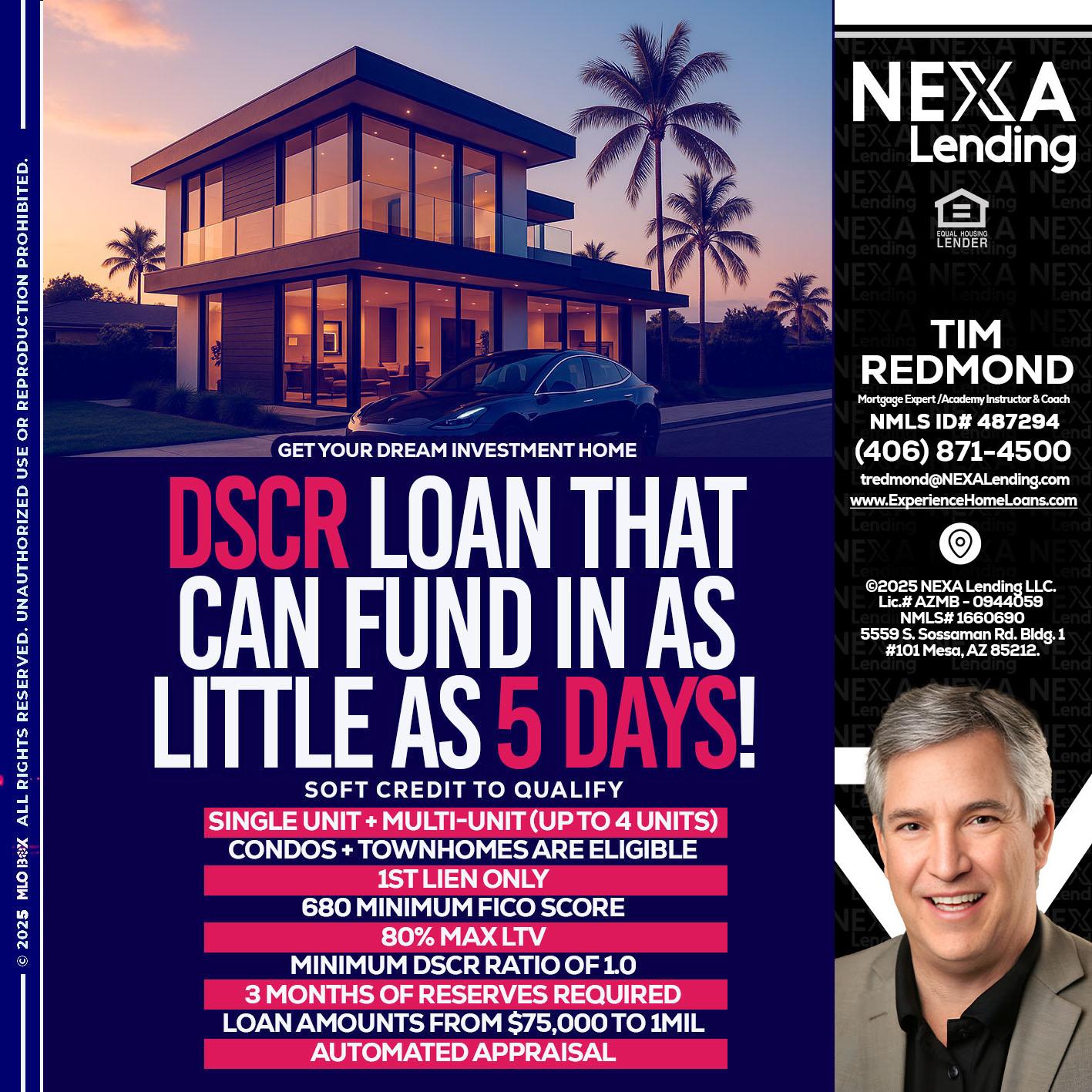 DSCR - Tim Redmond -Mortgage Loan Advisor | NMLS 487294 <br /> 30yr/Mortgage Expert | LO Coach <br /> Branch Manager | Signature Mortgage Solutions” alt=”DSCR – Tim Redmond -Mortgage Loan Advisor | NMLS 487294 <br /> 30yr/Mortgage Expert | LO Coach <br /> Branch Manager | Signature Mortgage Solutions” />Hi, my name is Tim Redmond. I’m a Loan Officer with NEXA Mortgage LLC., offering personalized mortgage solutions, fast customized quotes, great rates and service with integrity.</p>
<div class=