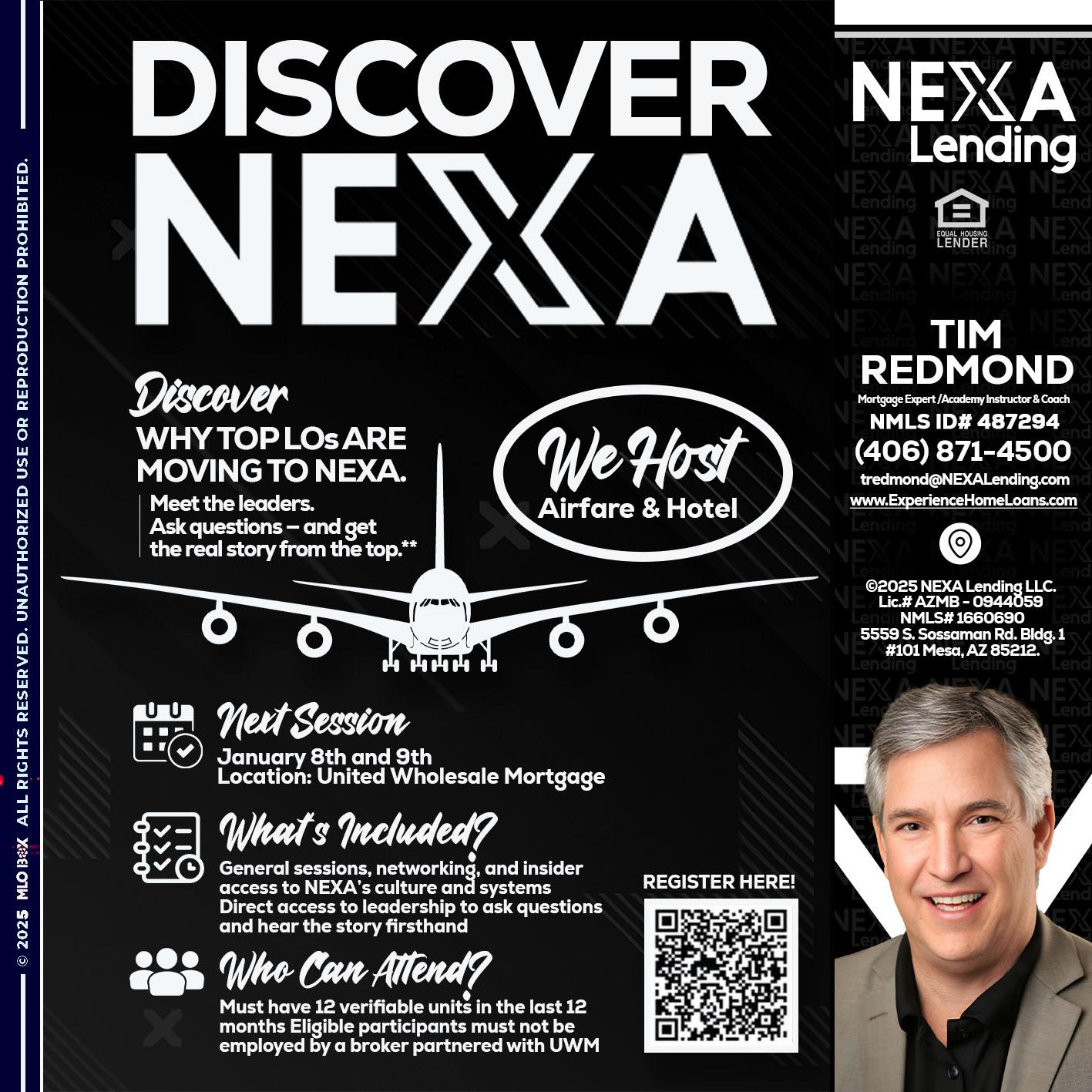 DISCOVER NEXA - Tim Redmond -Mortgage Loan Advisor | NMLS 487294 <br /> 30yr/Mortgage Expert | LO Coach <br /> Branch Manager | Signature Mortgage Solutions” alt=”DISCOVER NEXA – Tim Redmond -Mortgage Loan Advisor | NMLS 487294 <br /> 30yr/Mortgage Expert | LO Coach <br /> Branch Manager | Signature Mortgage Solutions” />Hi, my name is Tim Redmond. I’m a Loan Officer with NEXA Mortgage LLC., offering personalized mortgage solutions, fast customized quotes, great rates and service with integrity.</p>
<div class=