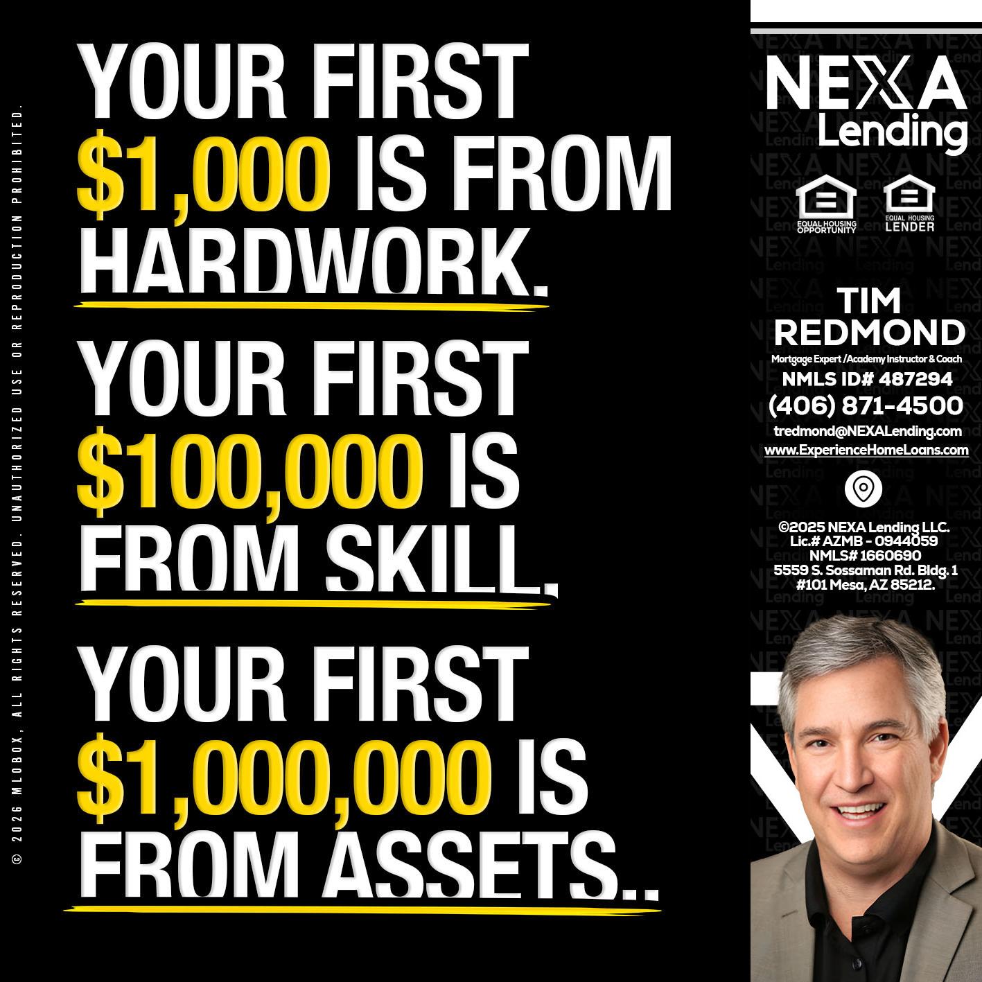 YOUR FIRST $1000 - Tim Redmond -Mortgage Loan Advisor | NMLS 487294 <br /> 30yr/Mortgage Expert | LO Coach <br /> Branch Manager | Signature Mortgage Solutions” alt=”YOUR FIRST $1000 – Tim Redmond -Mortgage Loan Advisor | NMLS 487294 <br /> 30yr/Mortgage Expert | LO Coach <br /> Branch Manager | Signature Mortgage Solutions” />Hi, my name is Tim Redmond. I’m a Loan Officer with NEXA Lending LLC., offering personalized mortgage solutions, fast customized quotes, great rates and service with integrity.</p>
<div class=
