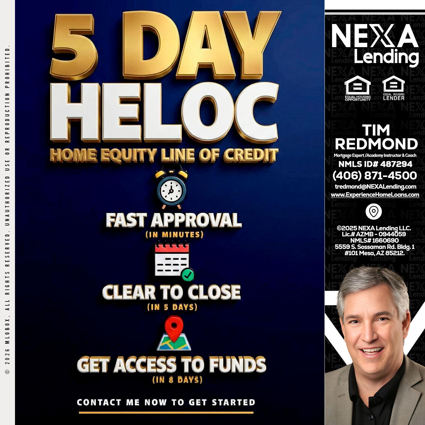 5 day hello - Tim Redmond -Mortgage Loan Advisor | NMLS 487294 <br /> 30yr/Mortgage Expert | LO Coach <br /> Branch Manager | Signature Mortgage Solutions” alt=”5 day hello – Tim Redmond -Mortgage Loan Advisor | NMLS 487294 <br /> 30yr/Mortgage Expert | LO Coach <br /> Branch Manager | Signature Mortgage Solutions” />Hi, my name is Tim Redmond. I’m a Loan Officer with NEXA Lending LLC., offering personalized mortgage solutions, fast customized quotes, great rates and service with integrity.</p>
<div class=