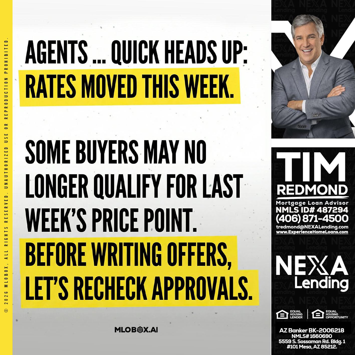 agents quick heads up - Tim Redmond -31yr/Mortgage Expert<br />Branch Manager | LOS Coach<br />Mortgage Loan Advisor | NMLS 487294″ alt=”agents quick heads up – Tim Redmond -31yr/Mortgage Expert<br />Branch Manager | LOS Coach<br />Mortgage Loan Advisor | NMLS 487294″ />Hi, my name is Tim Redmond. I’m a Loan Officer with NEXA Lending LLC., offering personalized mortgage solutions, fast customized quotes, great rates and service with integrity.</p>
<div class=