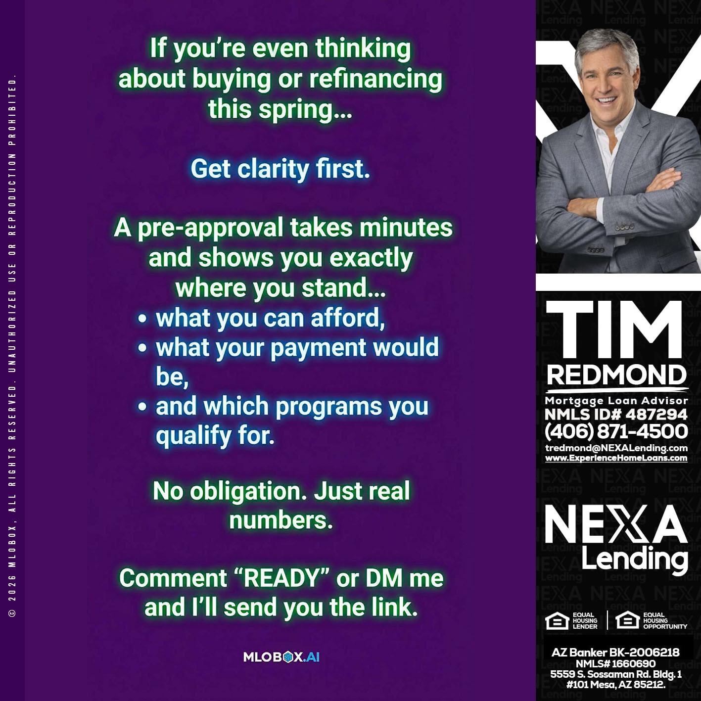 IF YOU THINKING - Tim Redmond -31yr/Mortgage Expert<br />Branch Manager | LOS Coach<br />Mortgage Loan Advisor | NMLS 487294″ alt=”IF YOU THINKING – Tim Redmond -31yr/Mortgage Expert<br />Branch Manager | LOS Coach<br />Mortgage Loan Advisor | NMLS 487294″ />Hi, my name is Tim Redmond. I’m a Loan Officer with NEXA Lending LLC., offering personalized mortgage solutions, fast customized quotes, great rates and service with integrity.</p>
<div class=