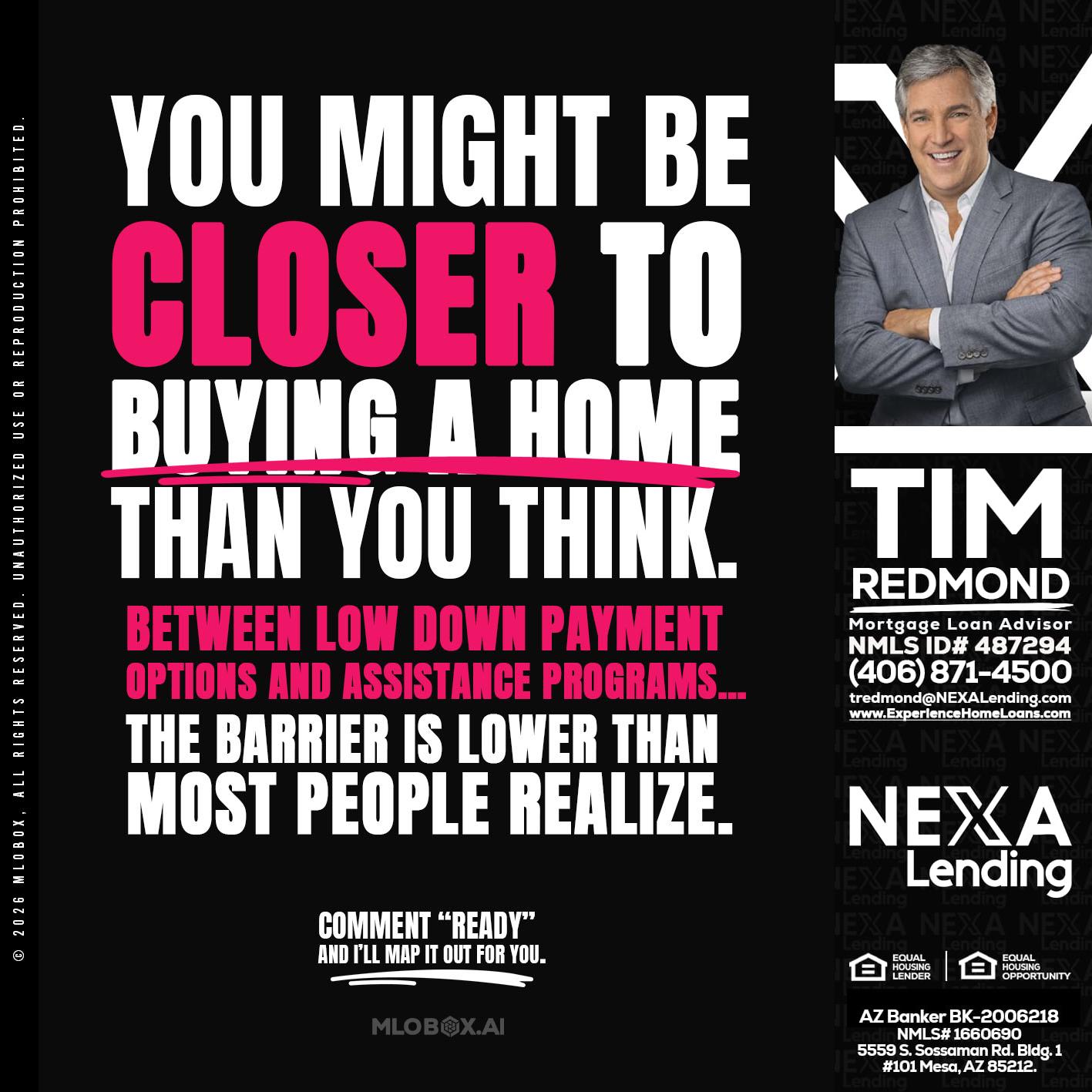 YOU MIGHT BE - Tim Redmond -31yr/Mortgage Expert<br />Branch Manager | LOS Coach<br />Mortgage Loan Advisor | NMLS 487294″ alt=”YOU MIGHT BE – Tim Redmond -31yr/Mortgage Expert<br />Branch Manager | LOS Coach<br />Mortgage Loan Advisor | NMLS 487294″ />Hi, my name is Tim Redmond. I’m a Loan Officer with NEXA Lending LLC., offering personalized mortgage solutions, fast customized quotes, great rates and service with integrity.</p>
<div class=