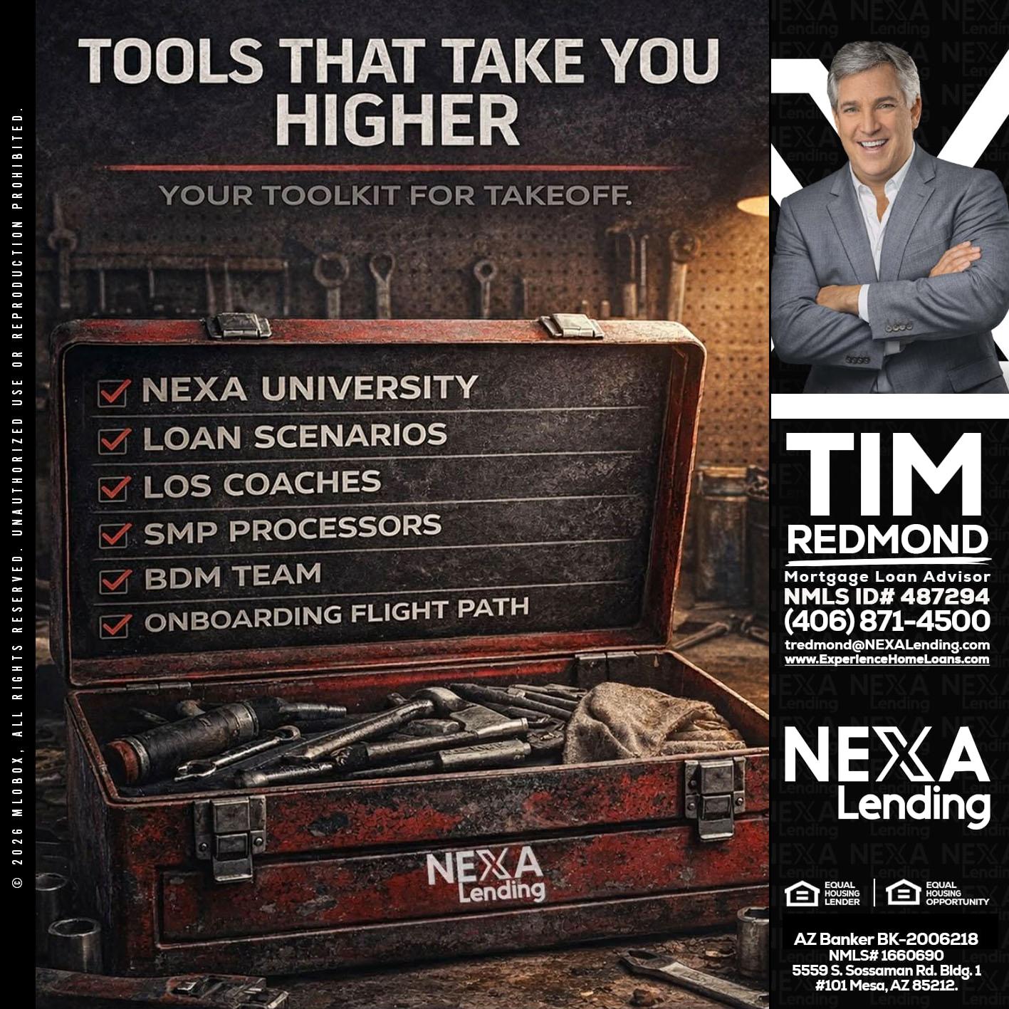 TOOLS THAT - Tim Redmond -31yr/Mortgage Expert<br />Branch Manager | LOS Coach<br />Mortgage Loan Advisor | NMLS 487294″ alt=”TOOLS THAT – Tim Redmond -31yr/Mortgage Expert<br />Branch Manager | LOS Coach<br />Mortgage Loan Advisor | NMLS 487294″ />Hi, my name is Tim Redmond. I’m a Loan Officer with NEXA Lending LLC., offering personalized mortgage solutions, fast customized quotes, great rates and service with integrity.</p>
<div class=