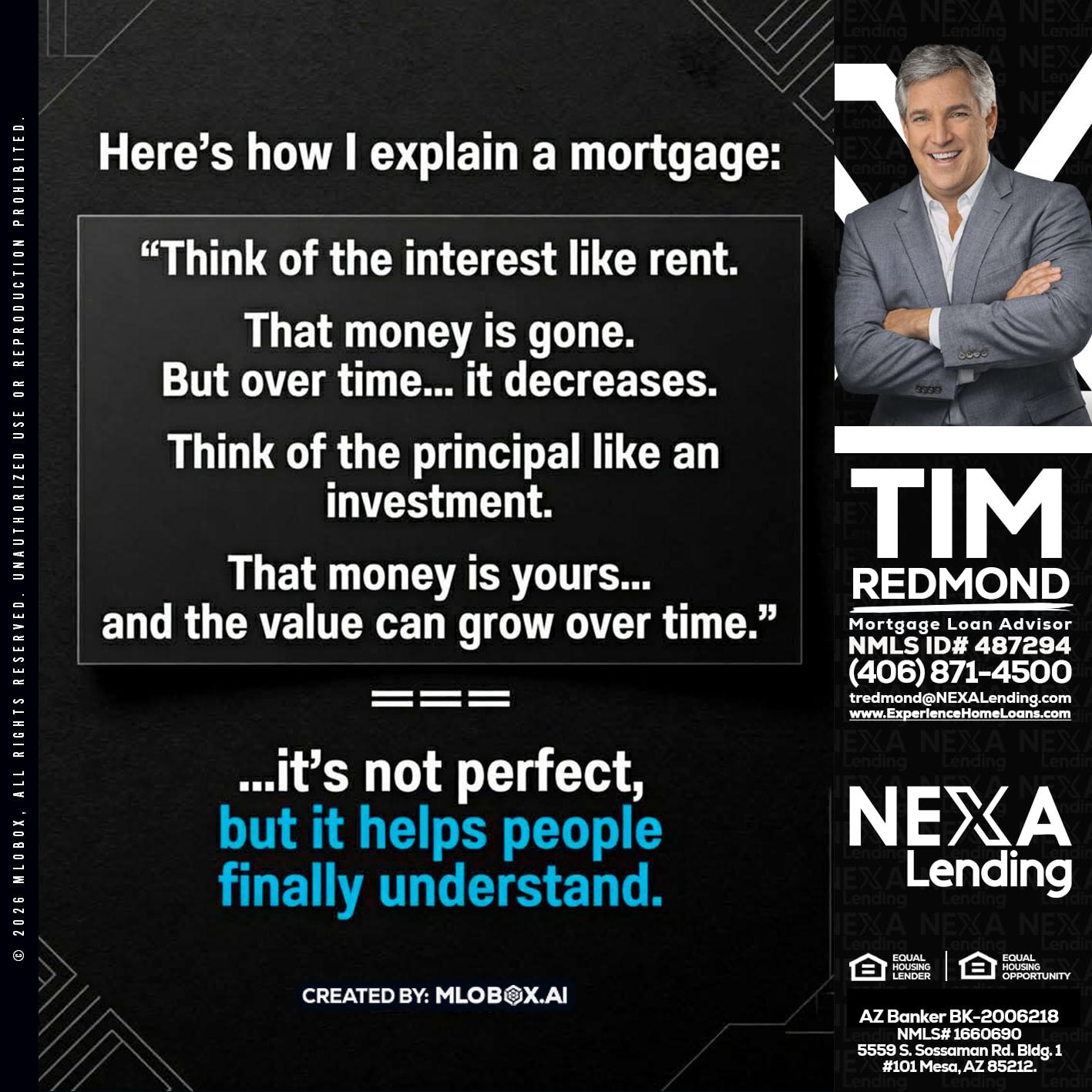 HERES NOW - Tim Redmond -31yr/Mortgage Expert<br />Branch Manager | LOS Coach<br />Mortgage Loan Advisor | NMLS 487294″ alt=”HERES NOW – Tim Redmond -31yr/Mortgage Expert<br />Branch Manager | LOS Coach<br />Mortgage Loan Advisor | NMLS 487294″ />Hi, my name is Tim Redmond. I’m a Loan Officer with NEXA Lending LLC., offering personalized mortgage solutions, fast customized quotes, great rates and service with integrity.</p>
<div class=