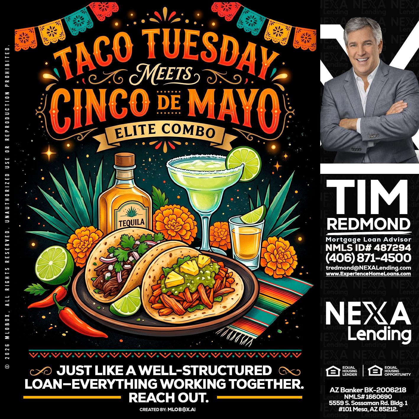 TACO TUESDAY - Tim Redmond -31yr/Mortgage Expert<br />Branch Manager | LOS Coach<br />Mortgage Loan Advisor | NMLS 487294″ alt=”TACO TUESDAY – Tim Redmond -31yr/Mortgage Expert<br />Branch Manager | LOS Coach<br />Mortgage Loan Advisor | NMLS 487294″ />Hi, my name is Tim Redmond. I’m a Loan Officer with NEXA Lending LLC., offering personalized mortgage solutions, fast customized quotes, great rates and service with integrity.</p>
<div class=