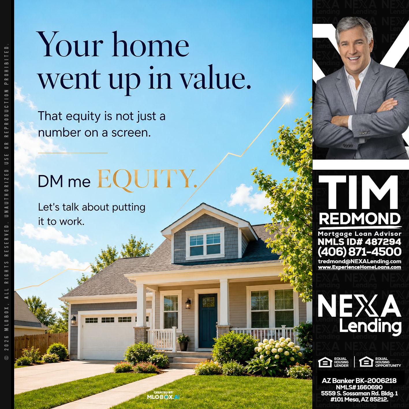 YOUR HOME - Tim Redmond -31yr/Mortgage Expert<br />Branch Manager | LOS Coach<br />Mortgage Loan Advisor | NMLS 487294″ alt=”YOUR HOME – Tim Redmond -31yr/Mortgage Expert<br />Branch Manager | LOS Coach<br />Mortgage Loan Advisor | NMLS 487294″ />Hi, my name is Tim Redmond. I’m a Loan Officer with NEXA Lending LLC., offering personalized mortgage solutions, fast customized quotes, great rates and service with integrity.</p>
<div class=