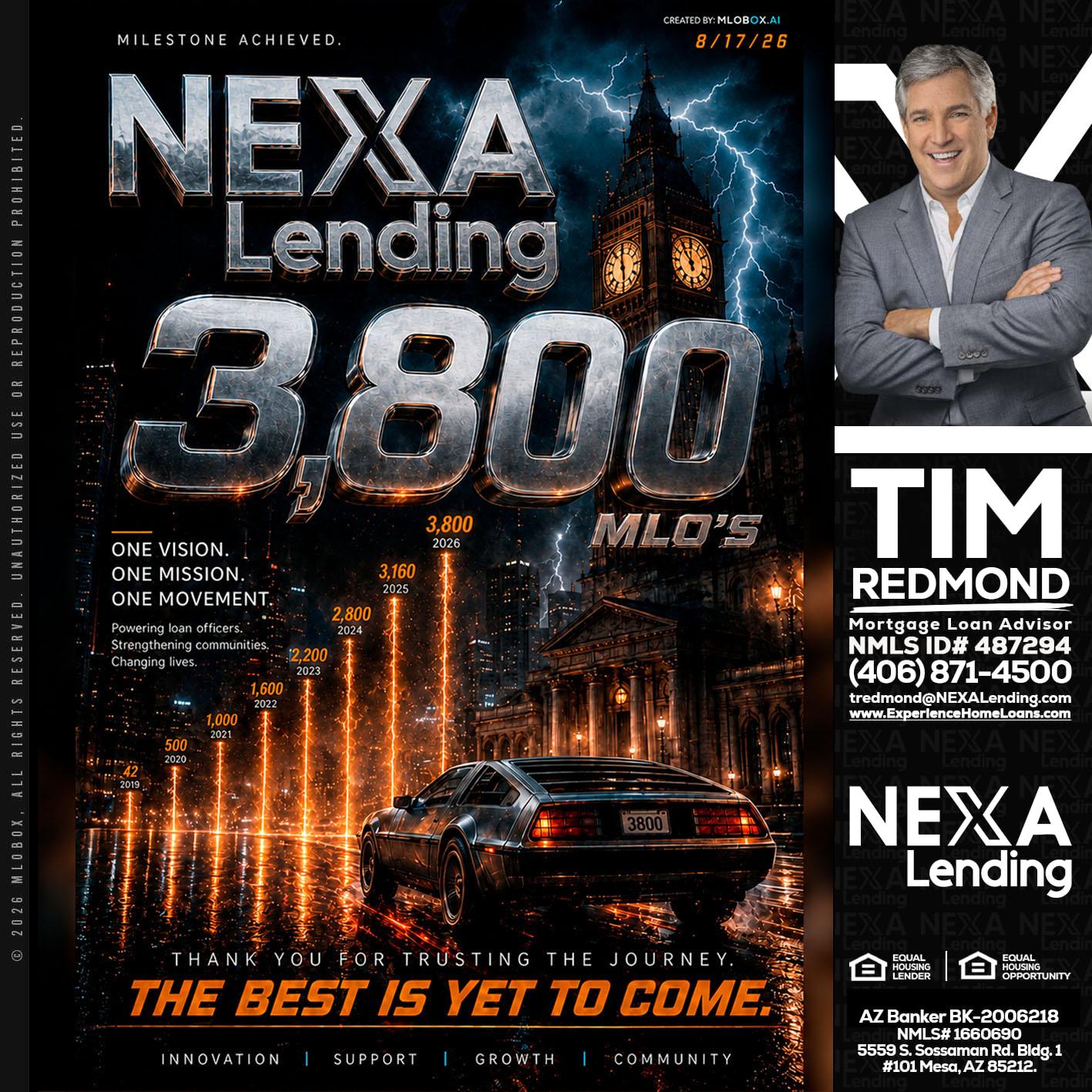 3800 future - Tim Redmond -31yr/Mortgage Expert<br />Branch Manager | LOS Coach<br />Mortgage Loan Advisor | NMLS 487294″ alt=”3800 future – Tim Redmond -31yr/Mortgage Expert<br />Branch Manager | LOS Coach<br />Mortgage Loan Advisor | NMLS 487294″ />Hi, my name is Tim Redmond. I’m a Loan Officer with NEXA Lending LLC., offering personalized mortgage solutions, fast customized quotes, great rates and service with integrity.</p>
<div class=
