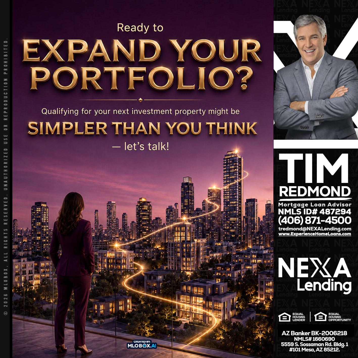 EXPAND YOUR PORTFOLIO - Tim Redmond -31yr/Mortgage Expert<br />Branch Manager | LOS Coach<br />Mortgage Loan Advisor | NMLS 487294″ alt=”EXPAND YOUR PORTFOLIO – Tim Redmond -31yr/Mortgage Expert<br />Branch Manager | LOS Coach<br />Mortgage Loan Advisor | NMLS 487294″ />Hi, my name is Tim Redmond. I’m a Loan Officer with NEXA Lending LLC., offering personalized mortgage solutions, fast customized quotes, great rates and service with integrity.</p>
<div class=