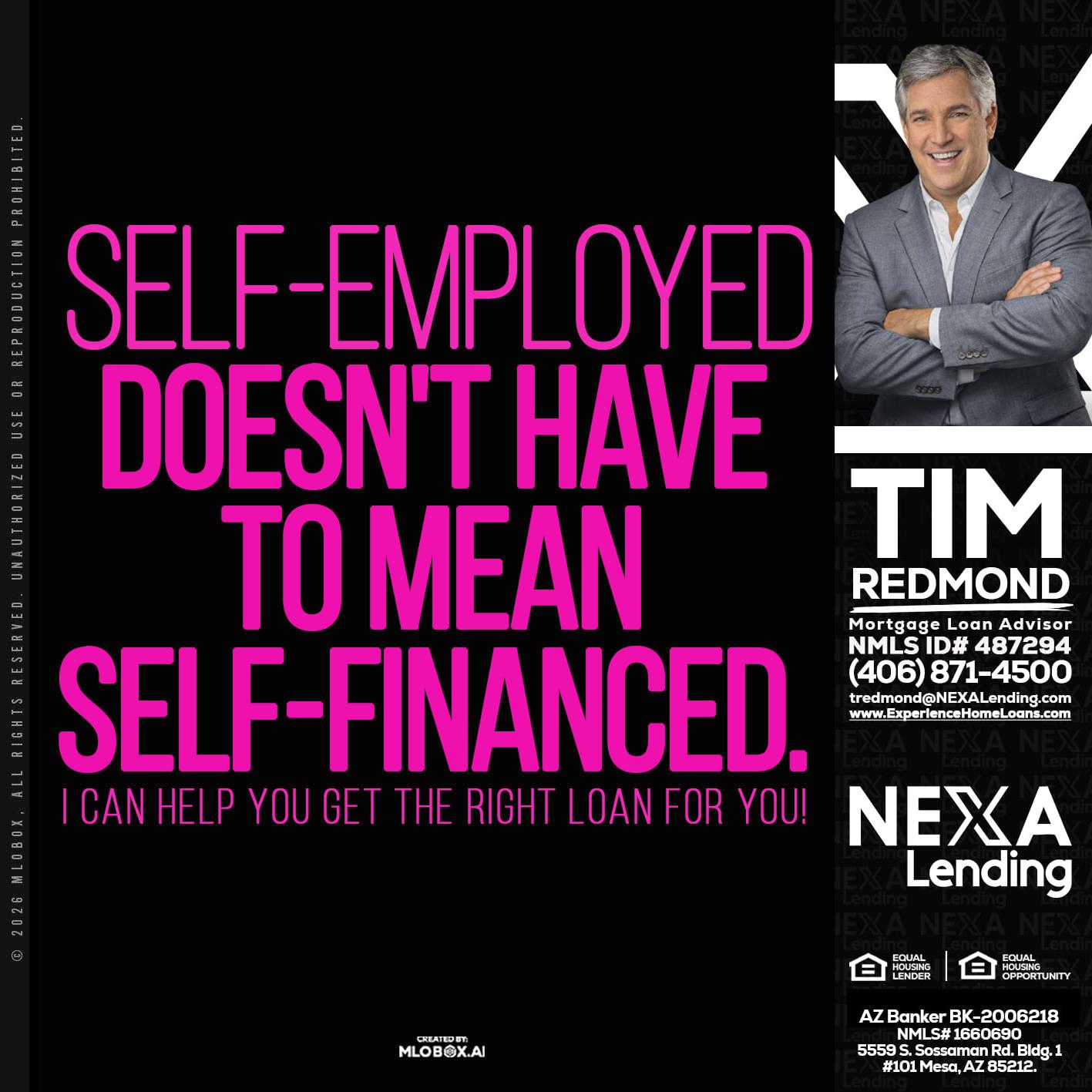 self employed - Tim Redmond -31yr/Mortgage Expert<br />Branch Manager | LOS Coach<br />Mortgage Loan Advisor | NMLS 487294″ alt=”self employed – Tim Redmond -31yr/Mortgage Expert<br />Branch Manager | LOS Coach<br />Mortgage Loan Advisor | NMLS 487294″ />Hi, my name is Tim Redmond. I’m a Loan Officer with NEXA Lending LLC., offering personalized mortgage solutions, fast customized quotes, great rates and service with integrity.</p>
<div class=