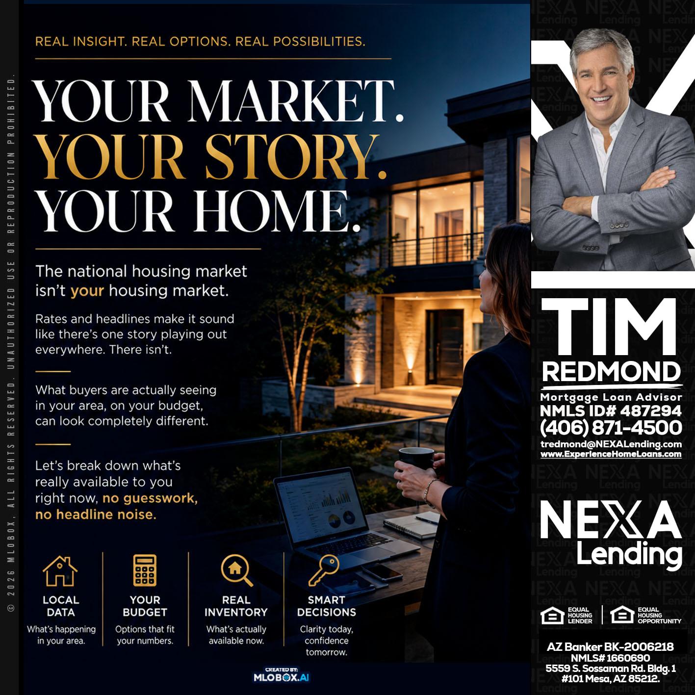 your market - Tim Redmond -31yr/Mortgage Expert<br />Branch Manager | LOS Coach<br />Mortgage Loan Advisor | NMLS 487294″ alt=”your market – Tim Redmond -31yr/Mortgage Expert<br />Branch Manager | LOS Coach<br />Mortgage Loan Advisor | NMLS 487294″ />Hi, my name is Tim Redmond. I’m a Loan Officer with NEXA Lending LLC., offering personalized mortgage solutions, fast customized quotes, great rates and service with integrity.</p>
<div class=