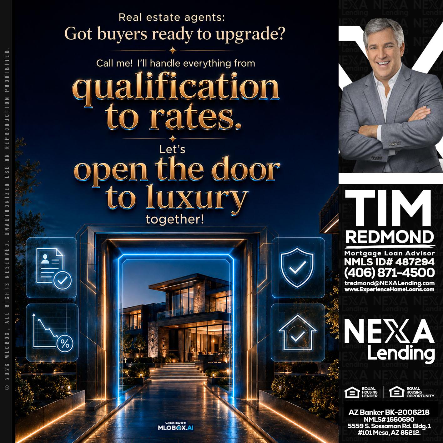 QUALIFICATION TO RATES - Tim Redmond -31yr/Mortgage Expert<br />Branch Manager | LOS Coach<br />Mortgage Loan Advisor | NMLS 487294″ alt=”QUALIFICATION TO RATES – Tim Redmond -31yr/Mortgage Expert<br />Branch Manager | LOS Coach<br />Mortgage Loan Advisor | NMLS 487294″ />Hi, my name is Tim Redmond. I’m a Loan Officer with NEXA Lending LLC., offering personalized mortgage solutions, fast customized quotes, great rates and service with integrity.</p>
<div class=
